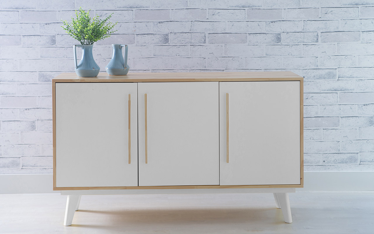 Armario Pes Palito Buffet 3 Portas De Madeira Macica Branco Celeste 133x40x79 5 Cm Compre Na Idea Store