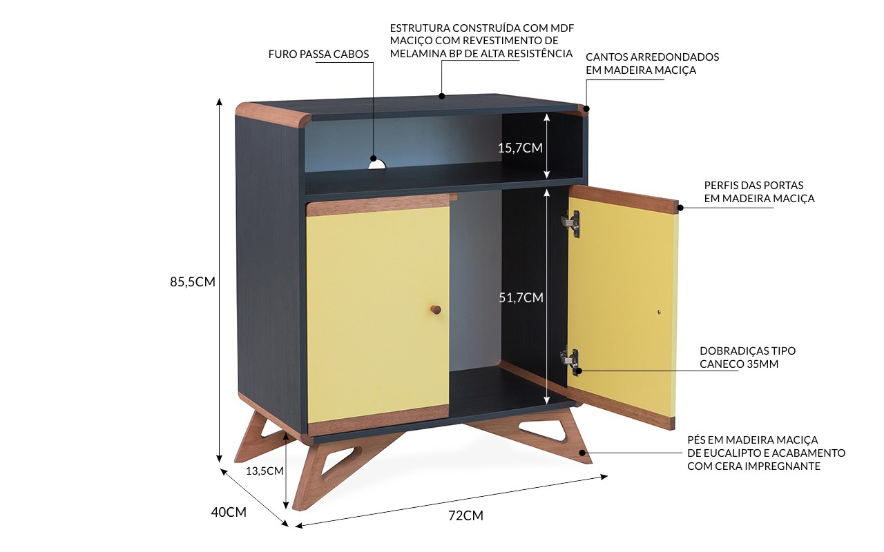 Armario Buffet Compacto 2 Portas E Nicho Presley Preto E Amarelo 72x40x85 5 Cm Compre Na Idea Store