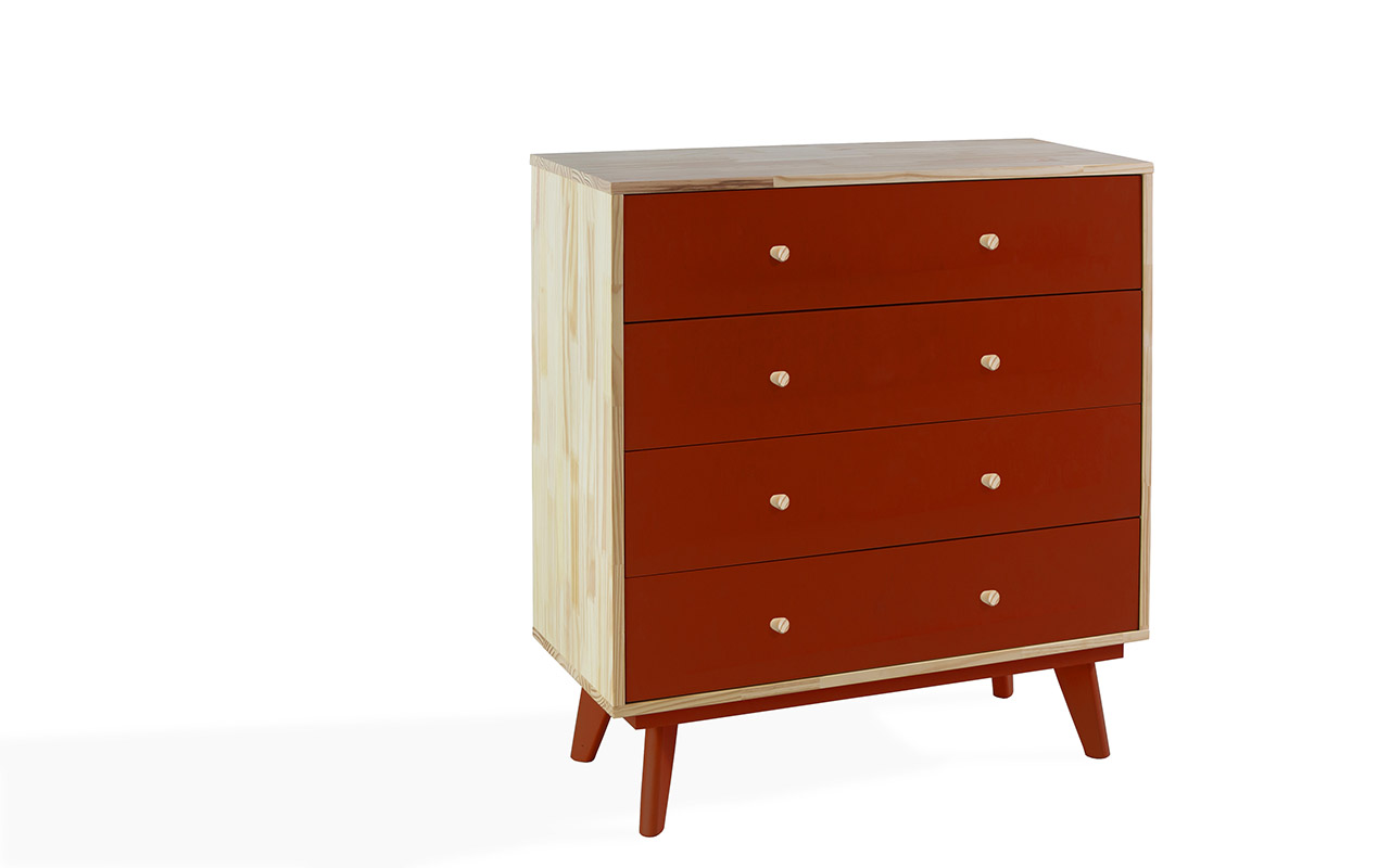 Comoda De Madeira Macica 4 Gavetas Celeste Puxador Bolinha Natural E Vermelho 90x40x98cm Compre Na Idea Store