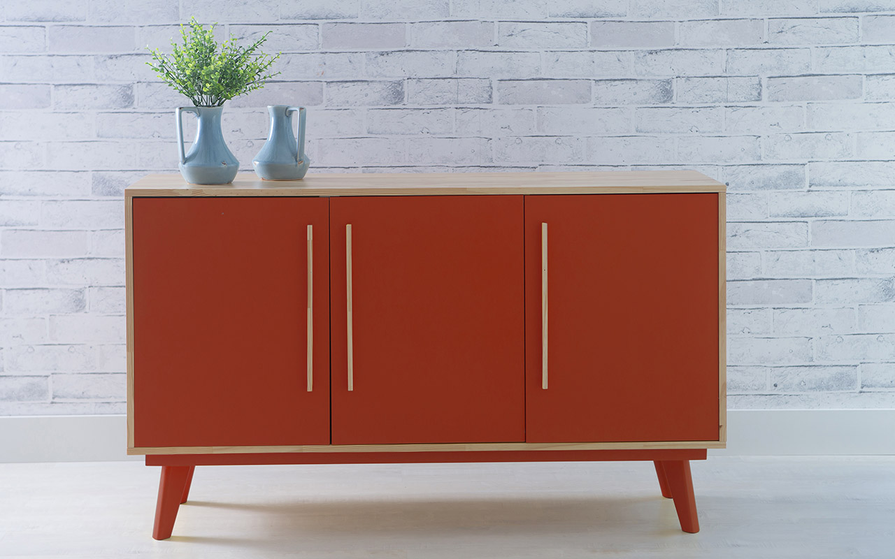 Armario Pes Palito Buffet 3 Portas De Madeira Macica Vermelho Celeste 133x40x79 5 Cm Compre Na Idea Store