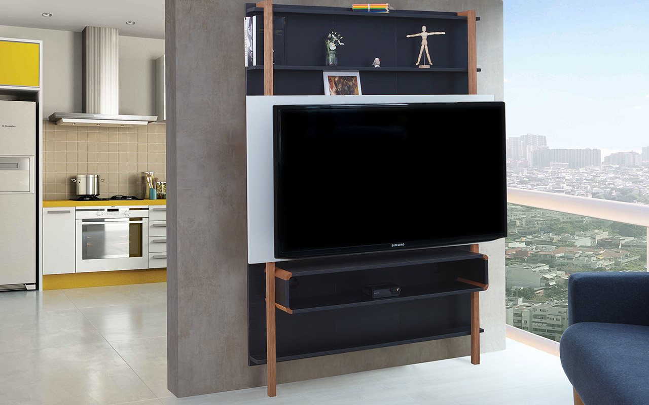 Rack Suspenso Painel De Madeira Para Tv Preto Com Branco Para Tv Ate 60 Polegadas Karl Woodinn 134x25 5x180 Cm Compre Na Idea Store