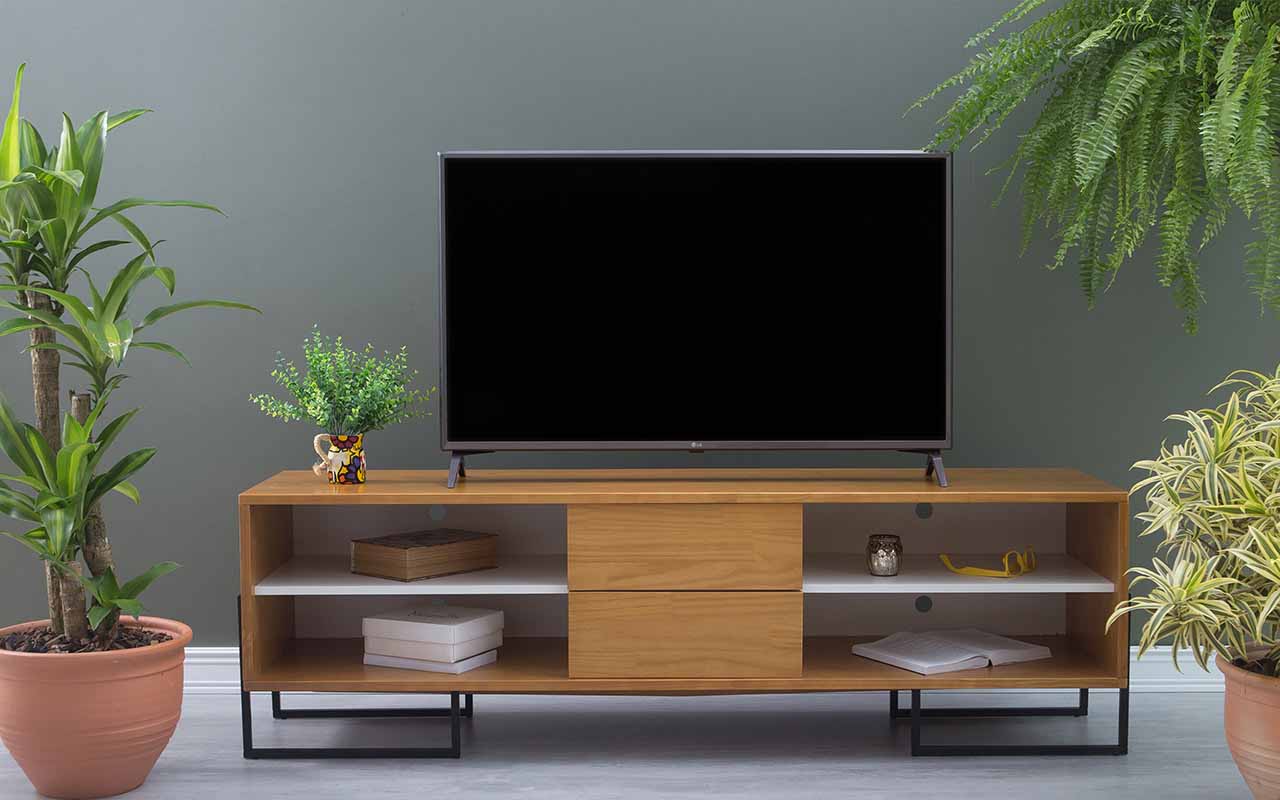 RACK TV MODERNO DE MADEIRA 2 GAVETAS CROSBY VERNIZ NÓZES 163X43,6X48,5