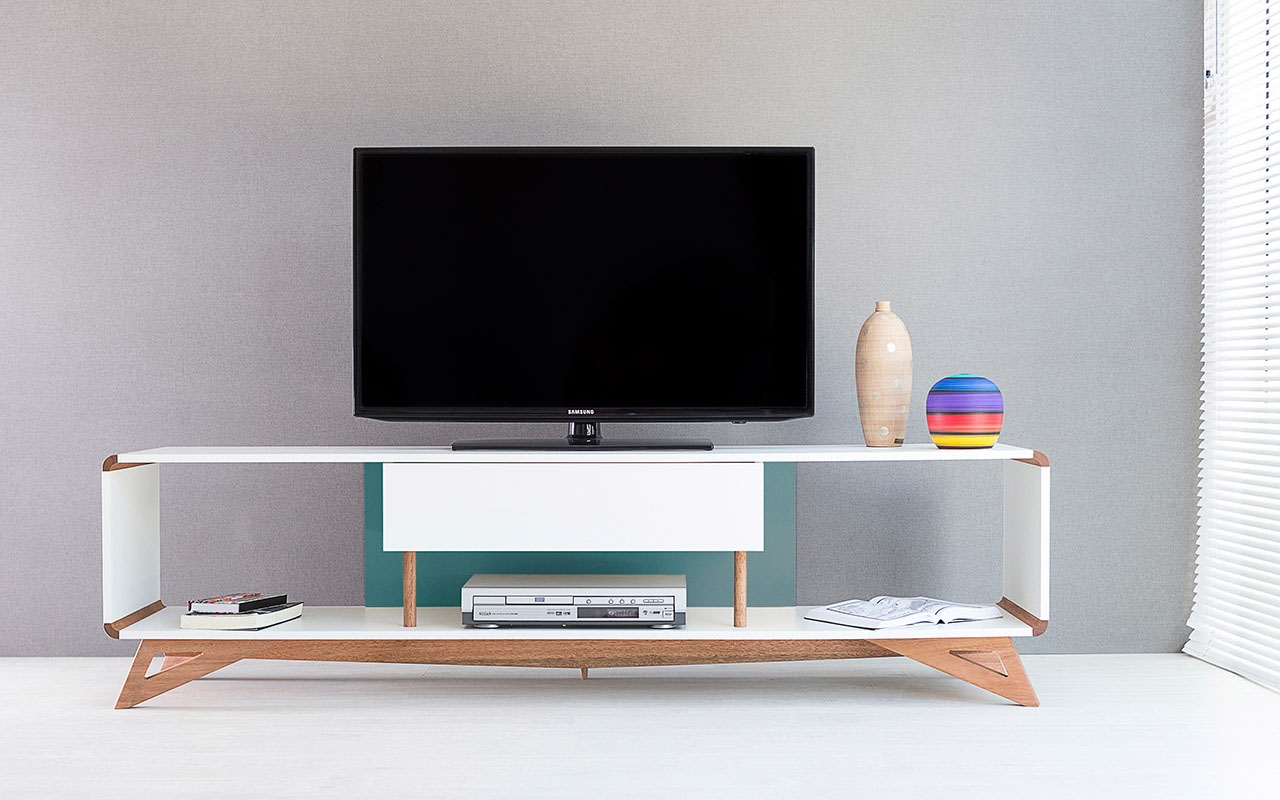 RACK TV RETRÔ VINTAGE BRANCO/AZUL PRESLEY 1 GAVETA 1,8M MDF COM PÉS