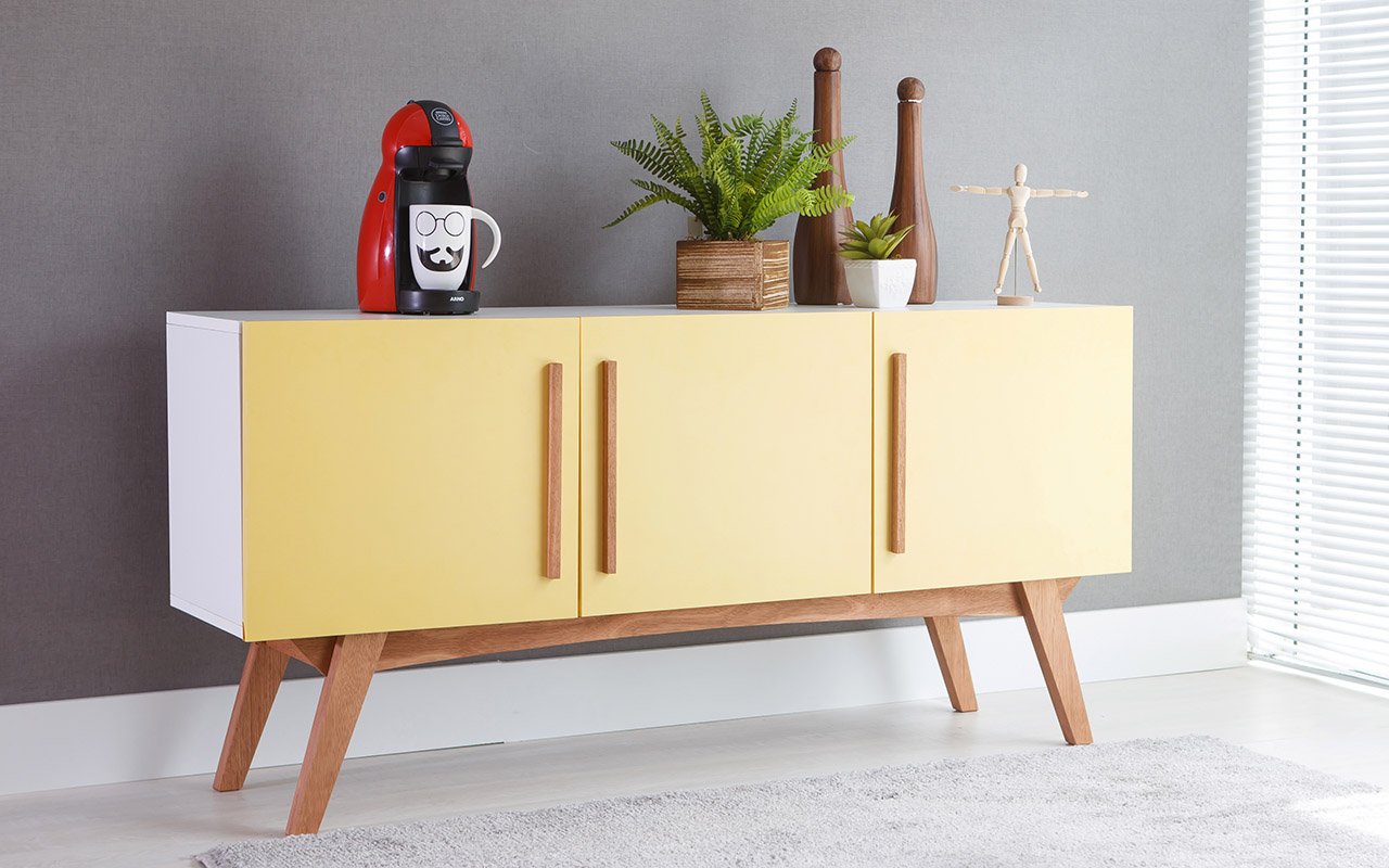 Armario Balcao Buffet Colorido Para Sala De Jantar 3 Portas Amarelas Estilo Retro Vintage Dolores 135x35x64 7 Cm Compre Na Idea Store