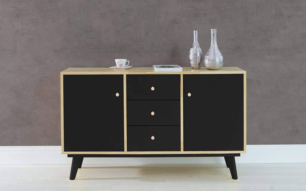 Armario Pes Palito Com Gaveta E 2 Portas Puxador Bolinha Celeste Natural E Preto 133x40x79 5 Cm Compre Na Idea Store