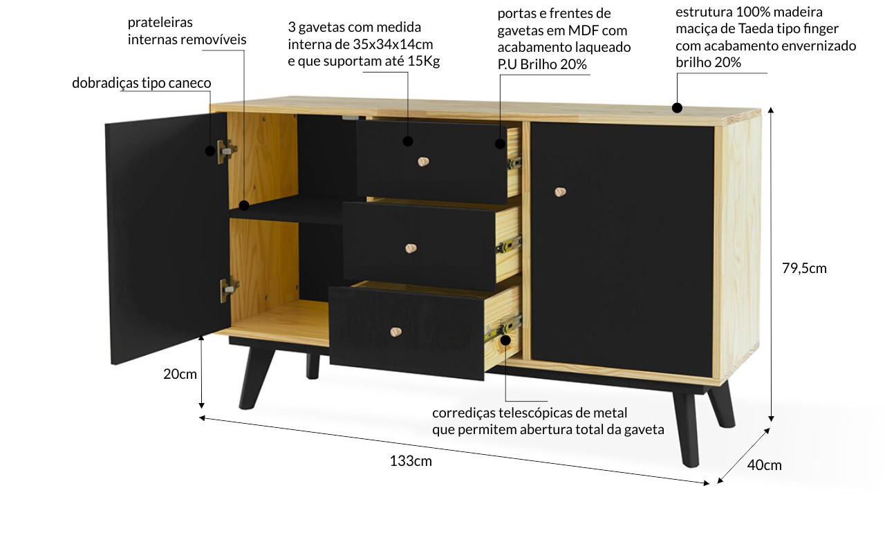Armario Pes Palito Com Gaveta E 2 Portas Puxador Bolinha Celeste Natural E Preto 133x40x79 5 Cm Compre Na Idea Store