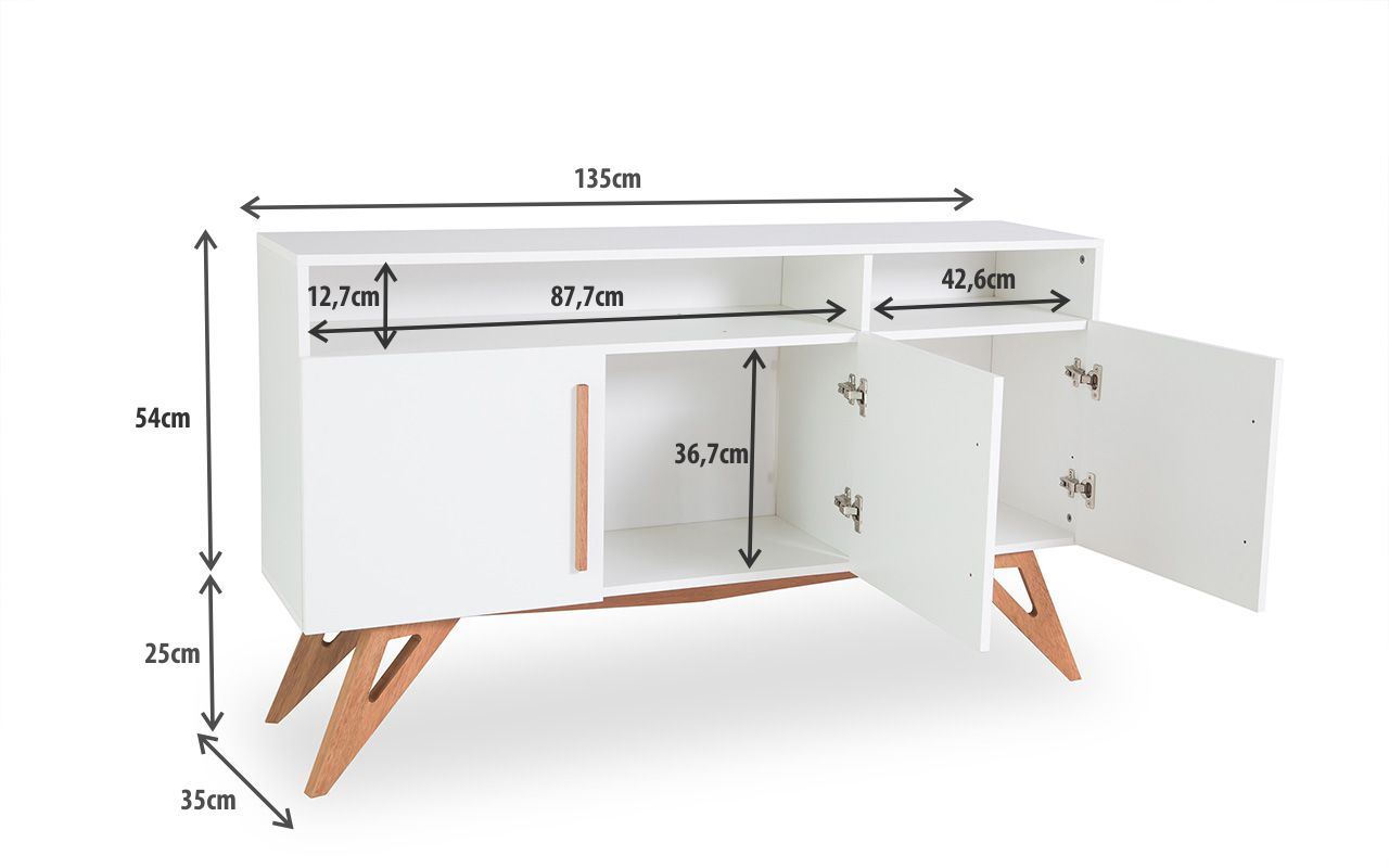 Armario Balcao Para Sala Tipo Buffet Pes Palito Branco 3 Portas Brancas Com Nicho Estilo Vintage Retro Freddie 135x35x79 Cm Compre Na Idea Store