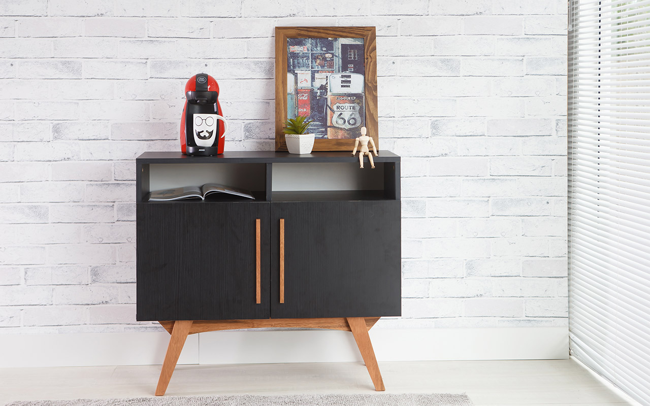 Balcao Para Sala Tipo Buffet Retro Moderno Preto 2 Portas Pretas Com Nicho Dolores 90x35x79 Cm Compre Na Idea Store