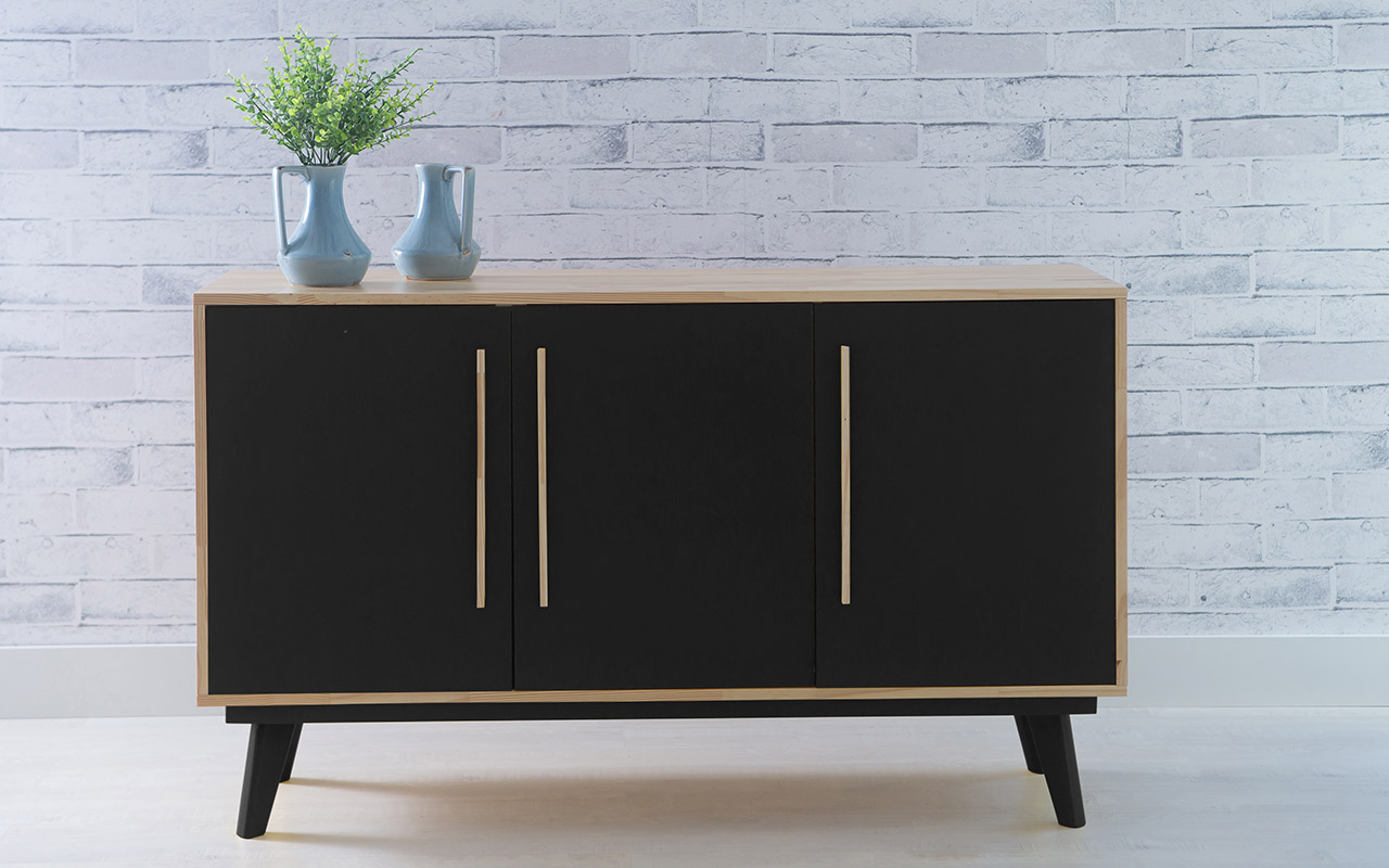 Armario Pes Palito Buffet 3 Portas De Madeira Macica Preto Celeste 133x40x79 5 Cm Compre Na Idea Store