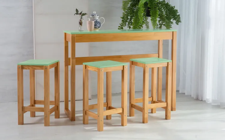 CONJUNTO BISTRÔ PARA COZINHA DE MADEIRA TAEDA COM TAMPO MDF MACIÇO OLGA VERNIZ NÓZES E VERDE SÁLVIA 120CM