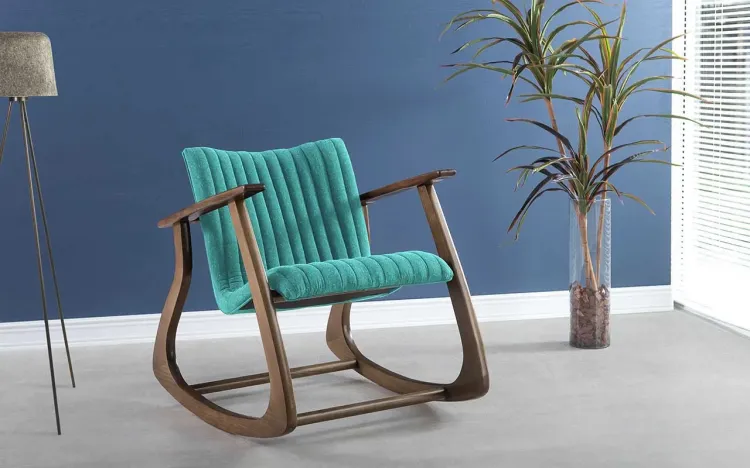 CADEIRA DE BALANÇO SMITH MATELASSÊ VERNIZ CAPUCCINO TEC.950 AZUL TURQUESA 65X83X72CM