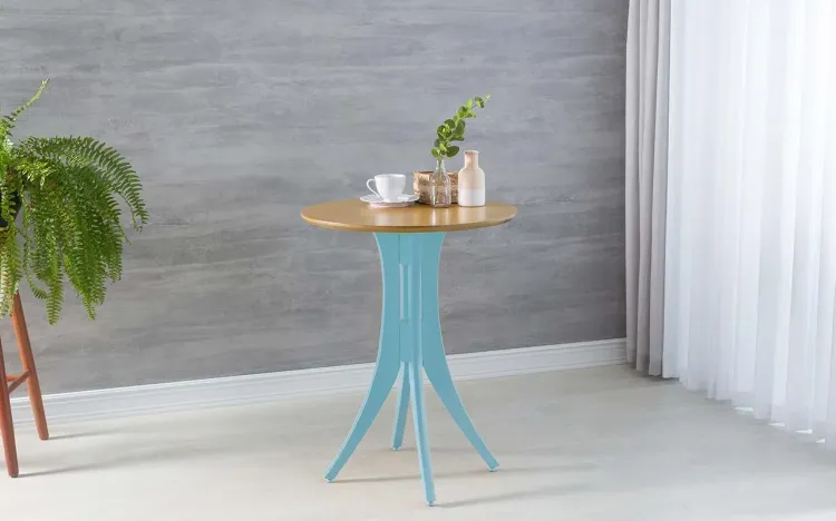 MESA PARA RESTAURANTE PEQUENA REDONDA JULIETTE 60X77CM AMÊNDOA E AZUL BEBÊ