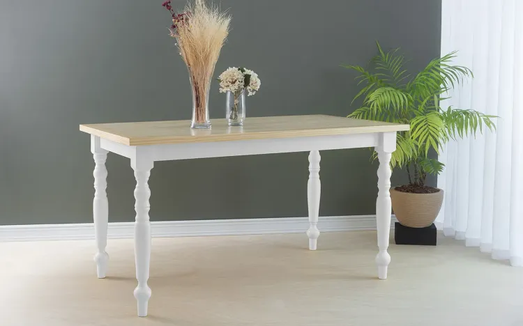 MESA DE JANTAR MADEIRA PARA 8 LUGARES CAMPESINA 140X80X75 CM TAMPO NATURAL PÉS LACA BRANCO