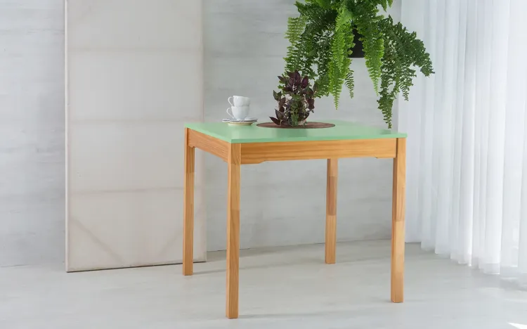 MESA PARA SALA DE JANTAR COM TAMPO MDF MACIÇO OLGA VERNIZ NÓZES E VERDE SÁLVIA 80X80X75CM