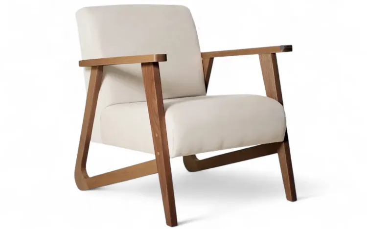 POLTRONA PARA QUARTO POLTRONA INDIVIDUAL DE MADEIRA ESTOFADA COR BEGE VERNIZ CAPUCCINO TEC.924 LIS 72X81X81 CM