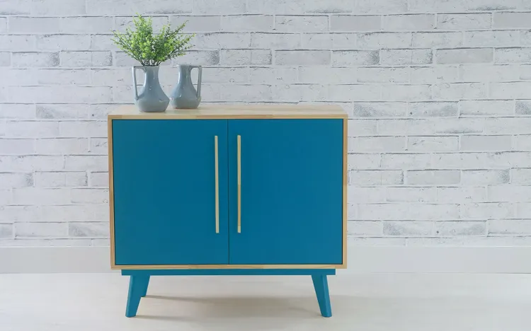 ARMÁRIO PÉS PALITO BUFFET 2 PORTAS DE MADEIRA MACIÇA AZUL CELESTE - 90X40X79,5 CM