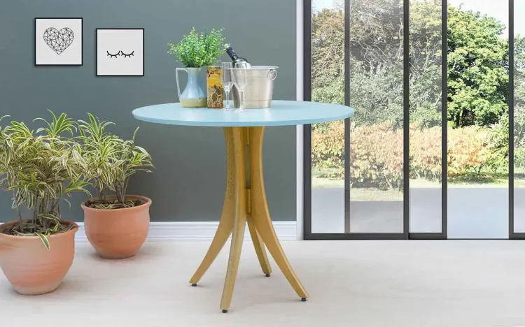MESA PARA APARTAMENTO PEQUENO REDONDA JULIETTE 90X77CM AMÊNDOA E AZUL BEBÊ