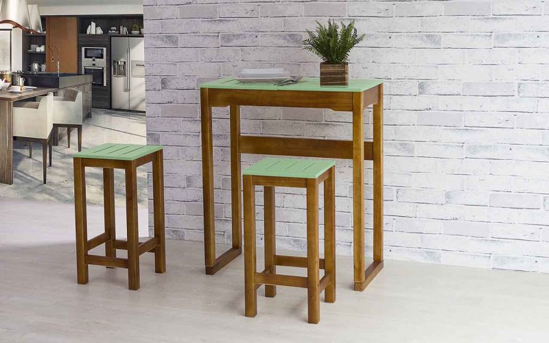 BANCADA BISTRÔ BAR ALTA DE MADEIRA MACIÇA TAEDA COM TAMPO COLORIDO OLGA