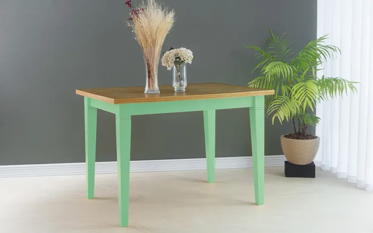 MESA PARA JANTAR MADEIRA FRISO 110X80X75 CM TAMPO NÓZES PÉS LACA VERDE SÁLVIA