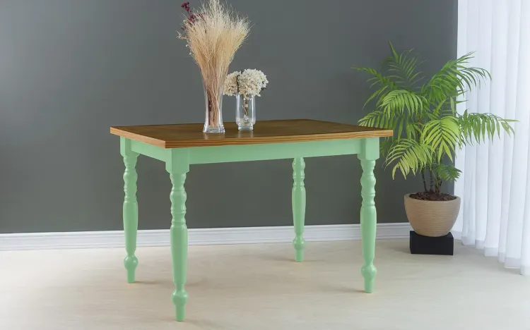 MESA DE MADEIRA MACIÇA TORNEADA CAMPESINA 110X80X75 CM TAMPO CAPUCCINO PÉS LACA VERDE SÁLVIA