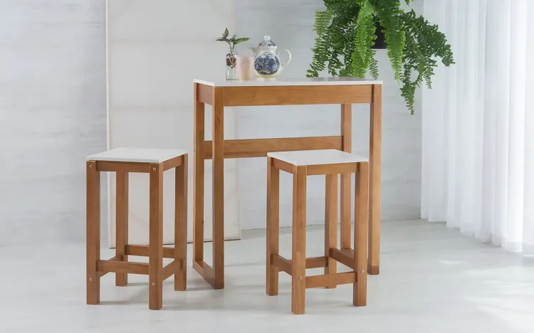CONJUNTO GOURMET BRANCO DE MADEIRA TAEDA COM TAMPO MDF MACIÇO OLGA VERNIZ CAPUCCINO E BRANCO 80CM