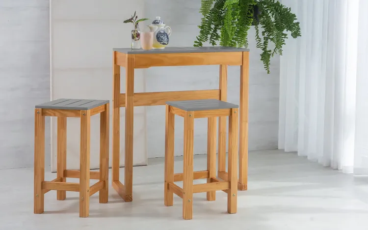 CONJUNTO GOURMET ALTO DE MADEIRA MACIÇA TAEDA NOZES COM TAMPO COLORIDO OLGA VERNIZ NÓZES E CINZA CONCRETO 80CM