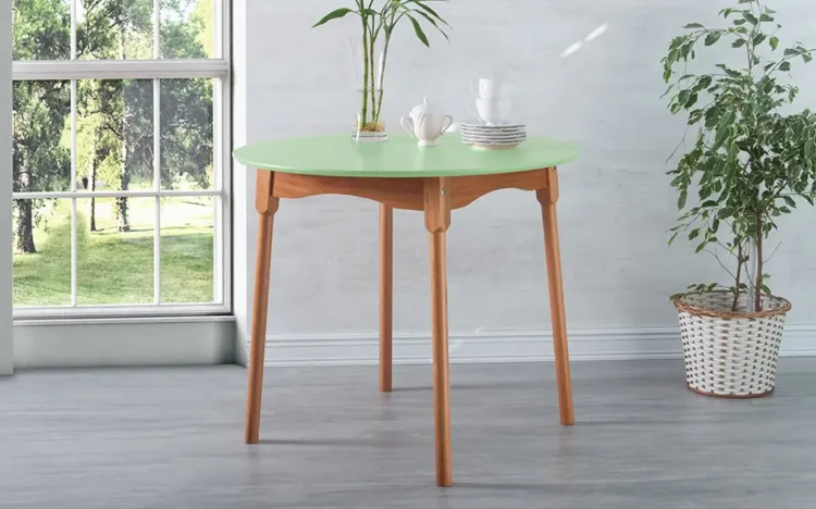 MESA PARA SALA DE JANTAR REDONDA MIMO BASE VERNIZ JATOBÁ E TAMPO LACA VERDE SÁLVIA 90x90x76 CM