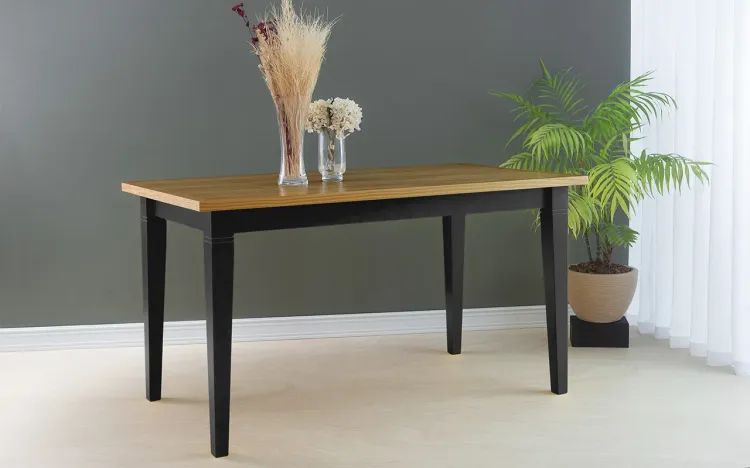 MESA PARA JANTAR MADEIRA FRISO 140X80X75 CM TAMPO NÓZES PÉS LACA PRETO