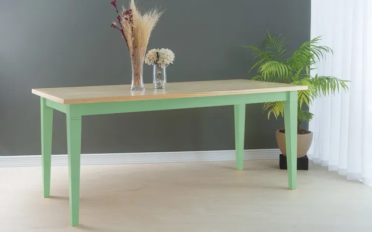 MESA ROBUSTA DE MADEIRA FRISO 180X80X75 CM TAMPO NATURAL PÉS LACA VERDE SÁLVIA