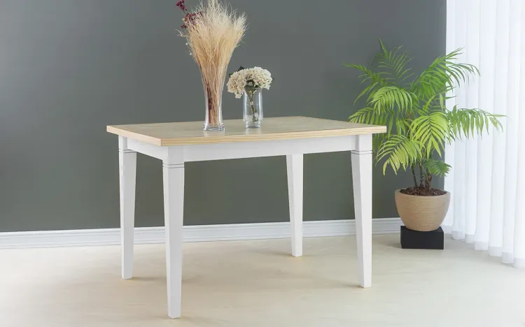 MESA DE JANTAR RETANGULAR DE MADEIRA FRISO 110X80X75 CM TAMPO NATURAL PÉS LACA BRANCO