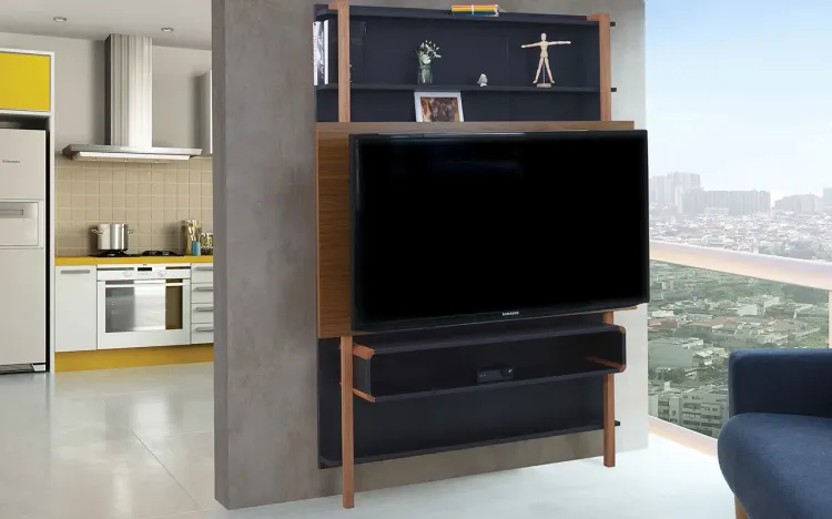 PAINEL DE TV PARA QUARTO PRETO COM FREIJÓ - PAINEL DE PAREDE TV ATÉ 60 POLEGADAS KARL WOODINN - 134x25,5x180 CM