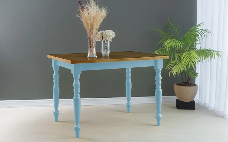 MESA TORNEADA CAMPESINA 110X80X75 CM TAMPO CAPUCCINO PÉS LACA AZUL BEBÊ