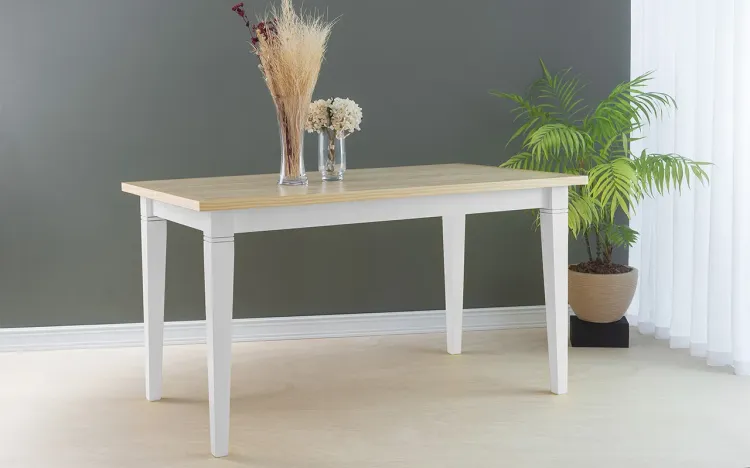 MESA DE JANTAR MADEIRA PARA 6 LUGARES FRISO 140X80X75 CM TAMPO NATURAL PÉS LACA BRANCO