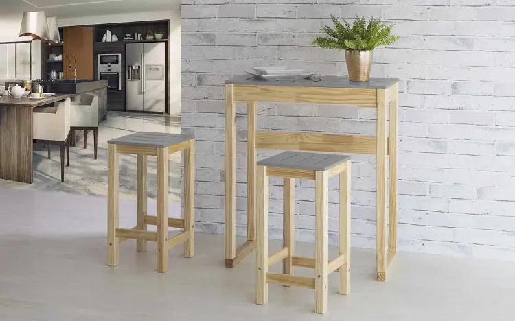 CONJUNTO GOURMET ALTO DE MADEIRA MACIÇA TAEDA NATURAL COM TAMPO COLORIDO OLGA VERNIZ NATURAL E CINZA CONCRETO 80CM