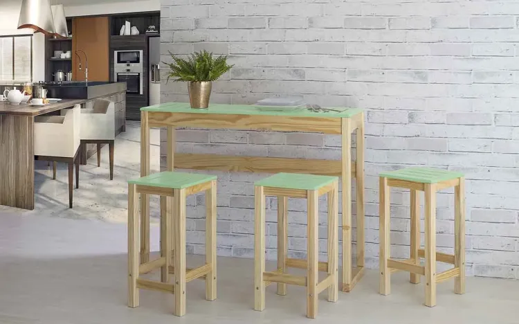 CONJUNTO GOURMET BISTRÔ ALTO DE MADEIRA MACIÇA TAEDA COM TAMPO COLORIDO OLGA NATURAL E VERDE SÁLVIA 120CM