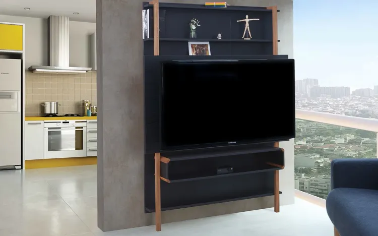RACK SUSPENSO - PAINEL DE MADEIRA PARA TV PRETO PARA TV ATÉ 60 POLEGADAS KARL WOODINN - 134x25,5x180 CM