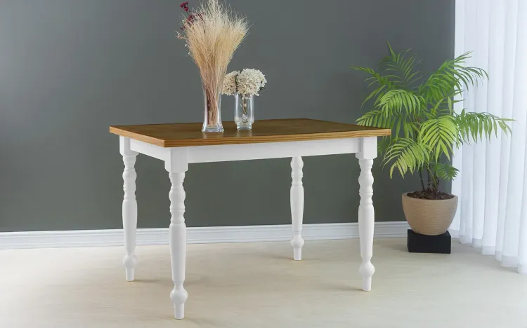 MESA PARA SALA DE JANTAR COM PÉS TORNEADOS CAMPESINA 110X80X75 CM TAMPO CAPUCCINO PÉS LACA BRANCO