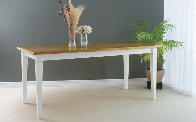 MESA PARA JANTAR RETANGULAR DE MADEIRA FRISO 180X80X75 CM TAMPO NÓZES PÉS LACA BRANCO