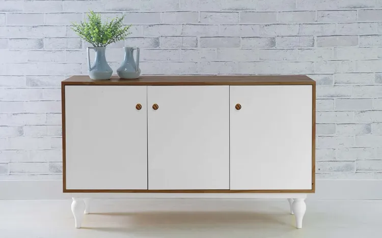 BALCÃO BUFFET COM PRATELEIRA E 3 PORTAS PUXADOR BOLINHA SIDERAL CAPUCCINO E BRANCO 133X40X79,5 CM