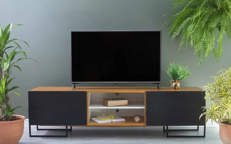RACK PARA SALA DE TV 2 PORTAS CROSBY MDF FREIJÓ E PRETO 183X43,6X48,5 CM