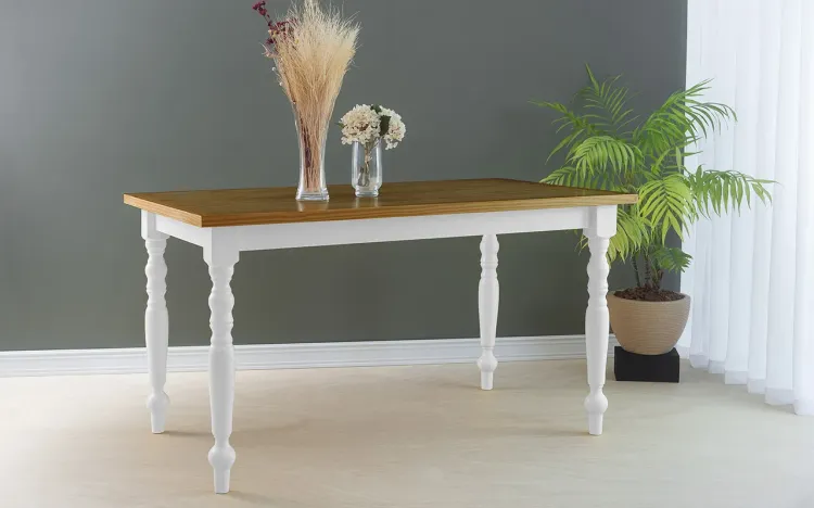 MESA PARA SALA DE JANTAR COM PÉS TORNEADOS CAMPESINA 140X80X75 CM TAMPO CAPUCCINO PÉS LACA BRANCO