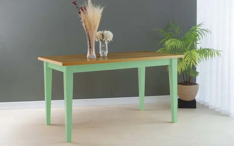 MESA DE JANTAR MADEIRA PARA 6 LUGARES FRISO 140X80X75 CM TAMPO NÓZES PÉS LACA VERDE SÁLVIA