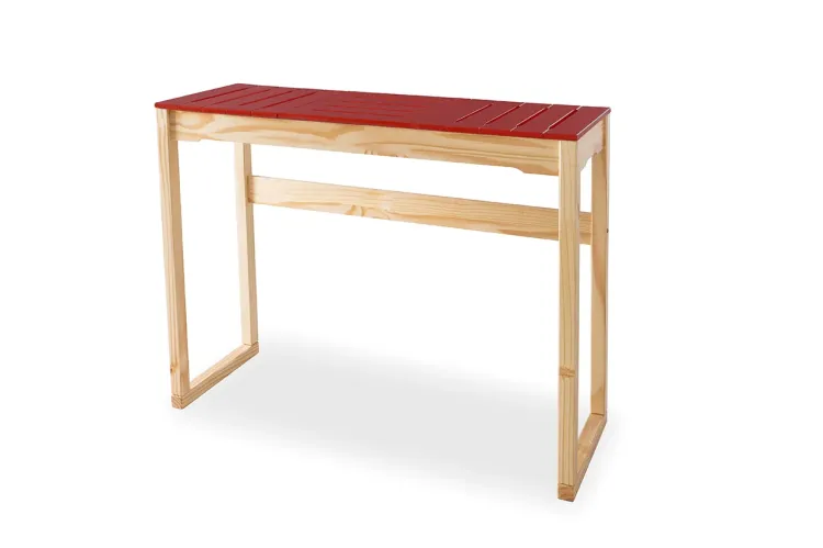 MESA BISTRÔ ALTA DE MADEIRA MACIÇA TAEDA NATURAL COM TAMPO COLORIDO OLGA - VERNIZ NATURAL/VERMELHO 120X43X93,5CM