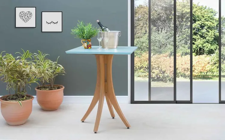 MESA PARA RESTAURANTE PEQUENA QUADRADA JULIETTE 60X60X77CM JATOBÁ E AZUL BEBÊ