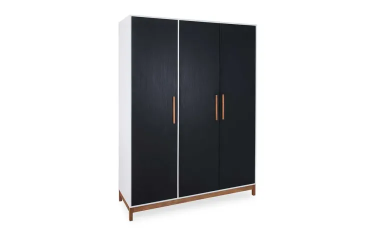GUARDA-ROUPA ARMÁRIO 3 PORTAS MDF BRANCO PRETO E MADEIRA MACIÇA MOORE - 154,6x53x198,5 CM