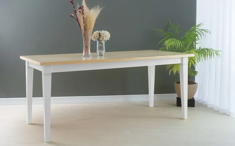 MESA DE JANTAR RETANGULAR DE MADEIRA FRISO 180X80X75 CM TAMPO NATURAL PÉS LACA BRANCO