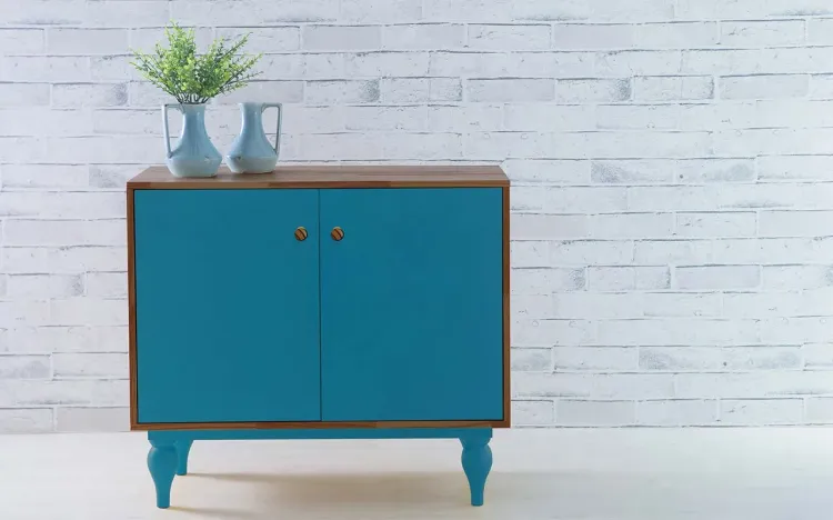 BALCÃO BUFFET COM PRATELEIRA E 2 PORTAS PUXADOR BOLINHA SIDERAL CAPUCCINO E AZUL 90X40X79,5 CM