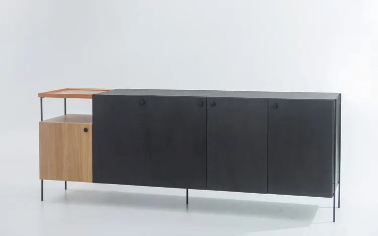 ARMÁRIO BUFFET 5 PORTAS COM NICHO E PÉS DE METAL TRAY MDF PRETO E DUAL 202,5X41,5X75 CM