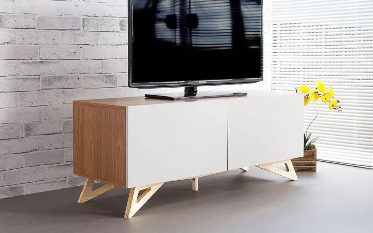 RACK TV MODERNO RETRÔ VINTAGE FREDDIE 1200 MDF FREIJÓ PÉS MADEIRA TAEDA 2 PORTAS CINZAS 120x43,6x48,5 CM