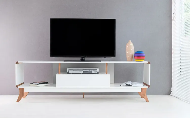 RACK TV RETRÔ VINTAGE BRANCO/CINZA PRESTAGE 1 GAVETA 1,8M MDF COM PÉS MADEIRA COR JATOBÁ  180x40x55 CM